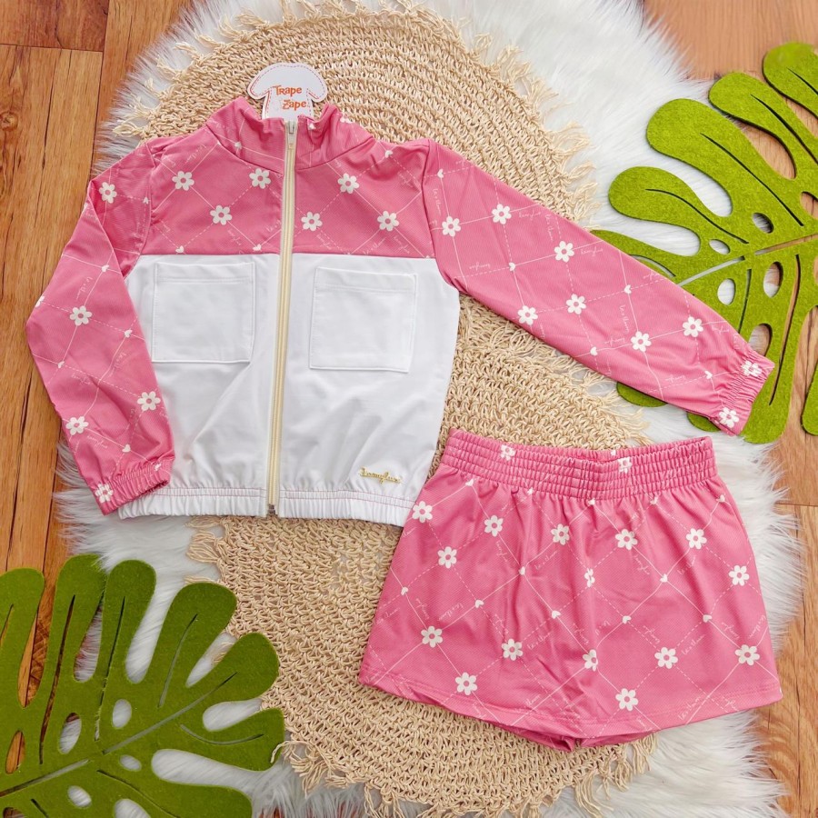 Conj. Jaqueta e Short Saia Florzinhas - Rosa e Branco